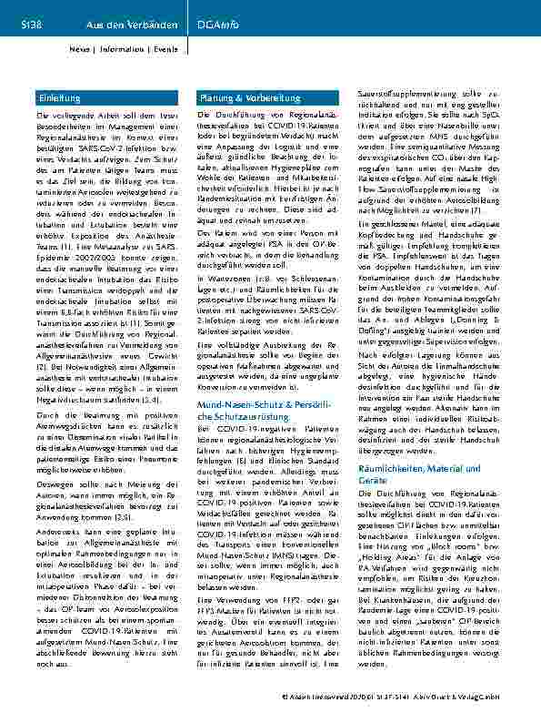 Vorschauseite 2: Regionalanästhesie in der COVID-19-Pandemiesituation: Ad-hoc-Empfehlung eines Expertengremiums