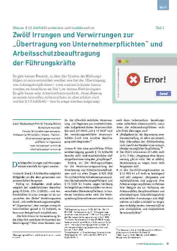 Vorschauseite 1: Warum § 13 ArbSchG irrelevant und irreführend ist Teil 2 Zwölf Irrungen und Verwirrungen zur „Übertragung von Unternehmerpflichten“ und Arbeitsschutzbeauftragung der Führungskräfte