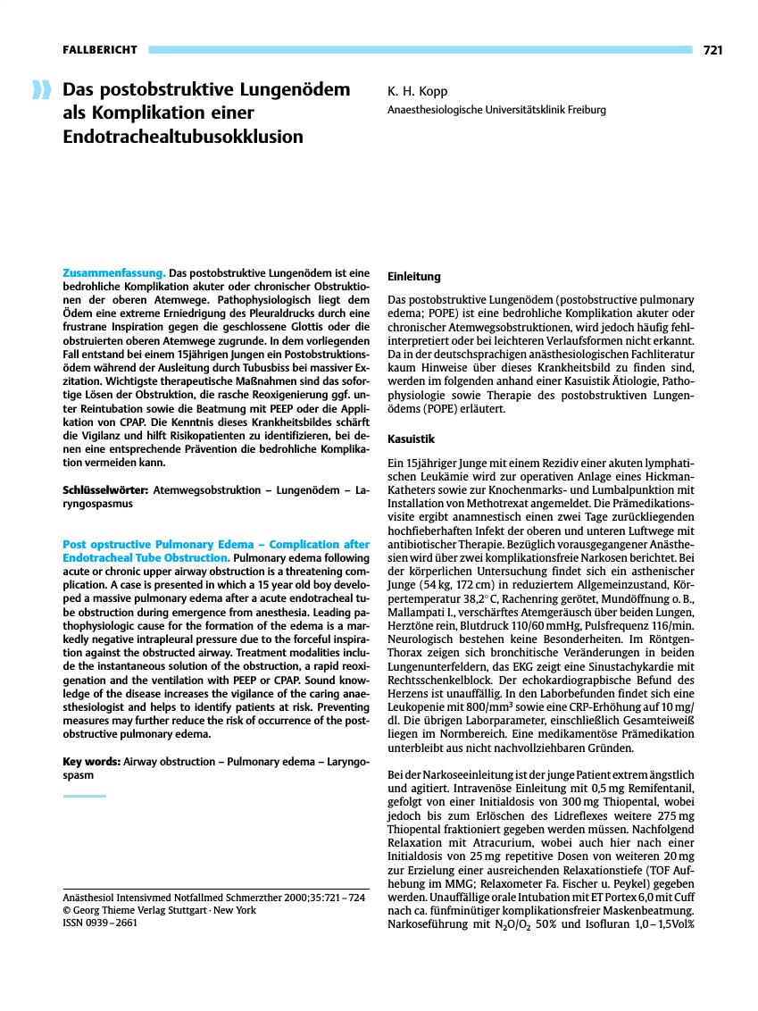 Vorschauseite 1: Das postobstruktive Lungenödem als Komplikation einer Endotrachealtubusokklusion