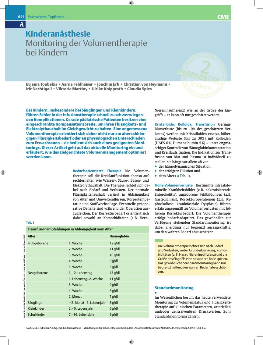 Vorschauseite 1: Monitoring der Volumentherapie bei Kindern