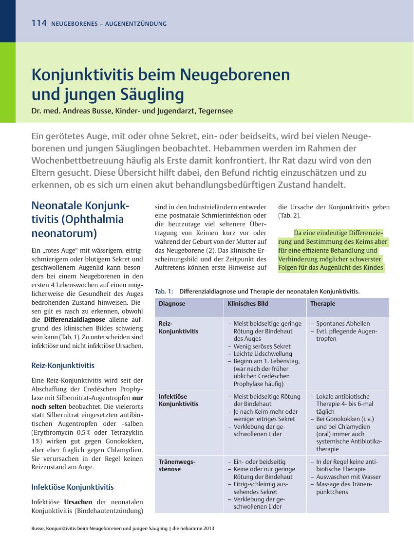 Vorschauseite 1: Konjunktivitis beim Neugeborenen und jungen Säugling