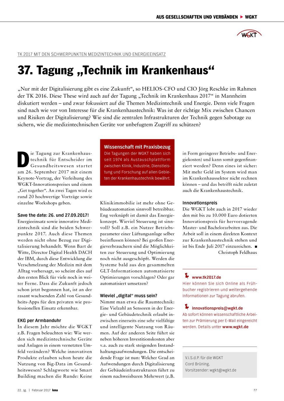 Vorschauseite 1: TK 2017 mit den Schwerpunkten Medizintechnik und Energieeinsatz: 37. Tagung ?Technik im Krankenhaus?