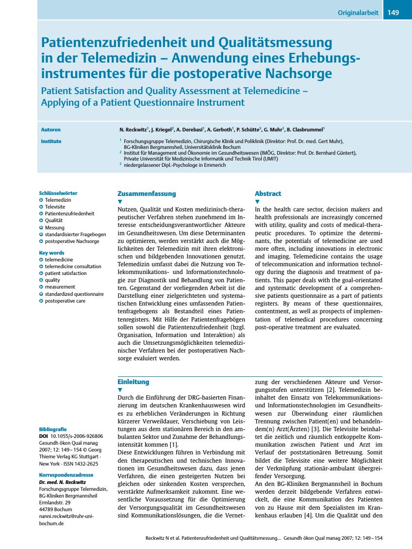 Vorschauseite 1: Patientenzufriedenheit und Qualitätsmessung in der Telemedizin - Anwendung eines Erhebungsinstrumentes für die postoperative Nachsorge