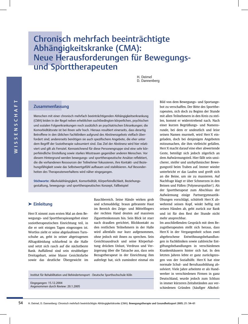 Vorschauseite 1: Chronisch mehrfach beeinträchtigte Abhängigkeitskranke (CMA): Neue Herausforderungen für Bewegungsund Sporttherapeuten