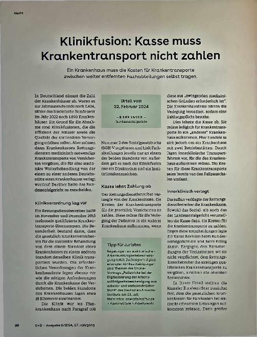 Vorschauseite 1: Klinikfusion: Kasse muss Krankentransport nicht zahlen