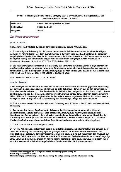 Vorschauseite 1: Zur Rechtsbeschwerde Schlagworte: Nachträgliche Zulassung der Rechtsbeschwerde auf die Anhörungsrüge.