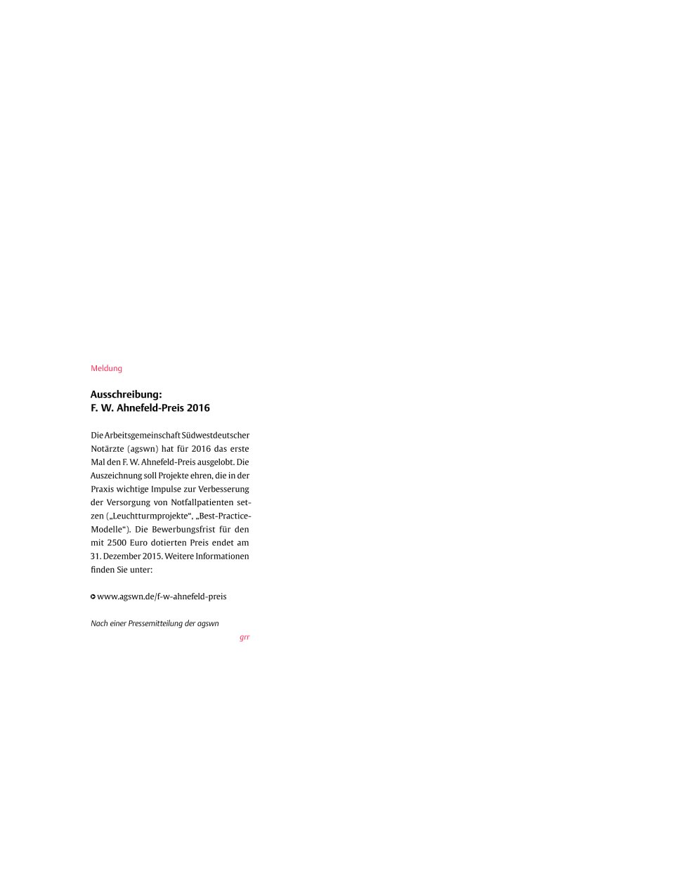 Vorschauseite 1: Meldung ? Ausschreibung: F. W. Ahnefeld-Preis 2016