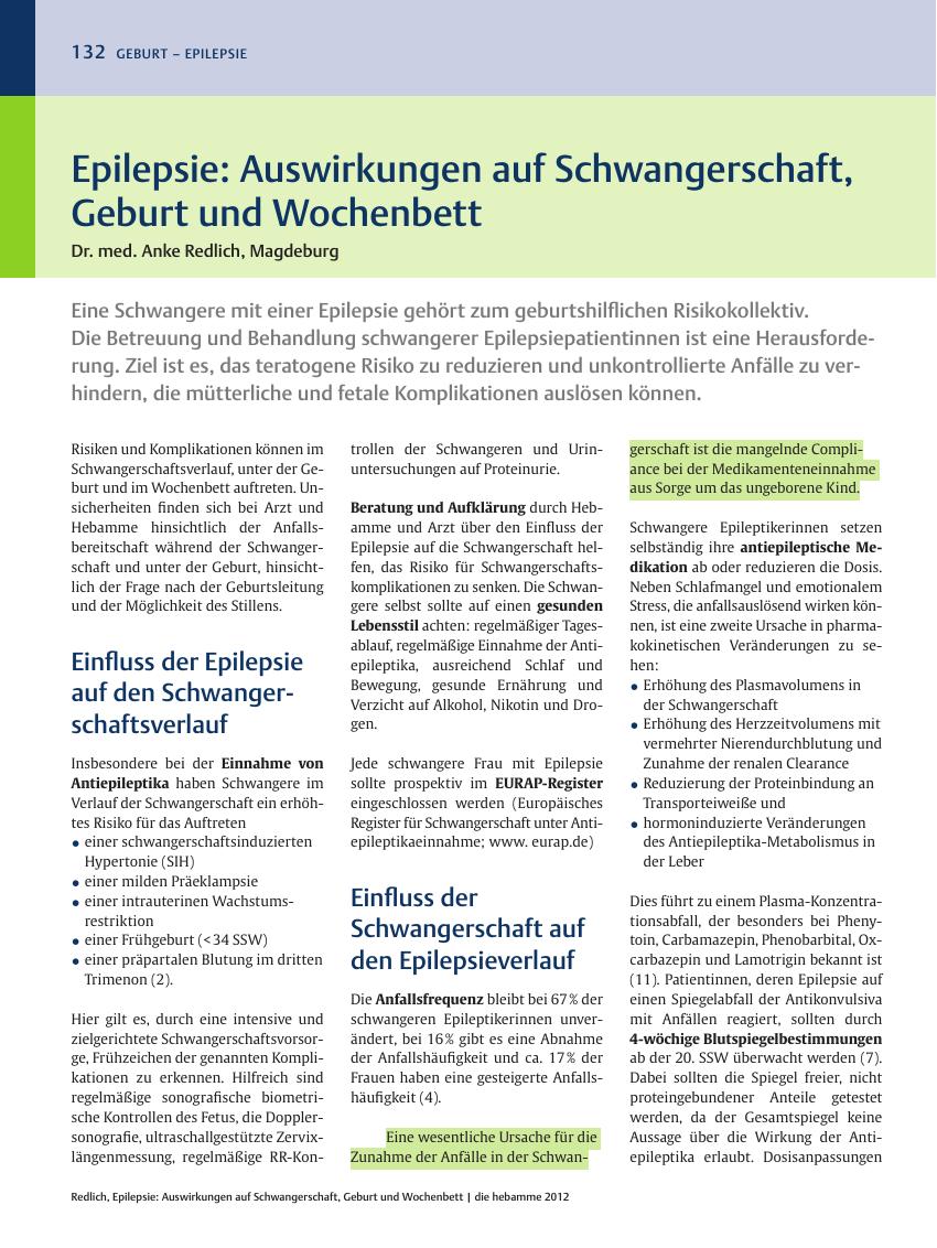 Vorschauseite 1: Epilepsie: Auswirkungen auf Schwangerschaft, Geburt und Wochenbett