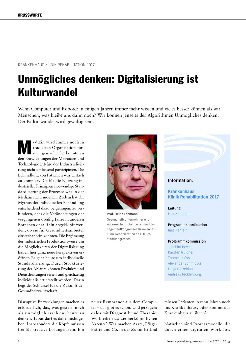 Vorschauseite 1: Krankenhaus Klinik Rehabilitation 2017: Unmögliches denken: Digitalisierung ist Kulturwandel