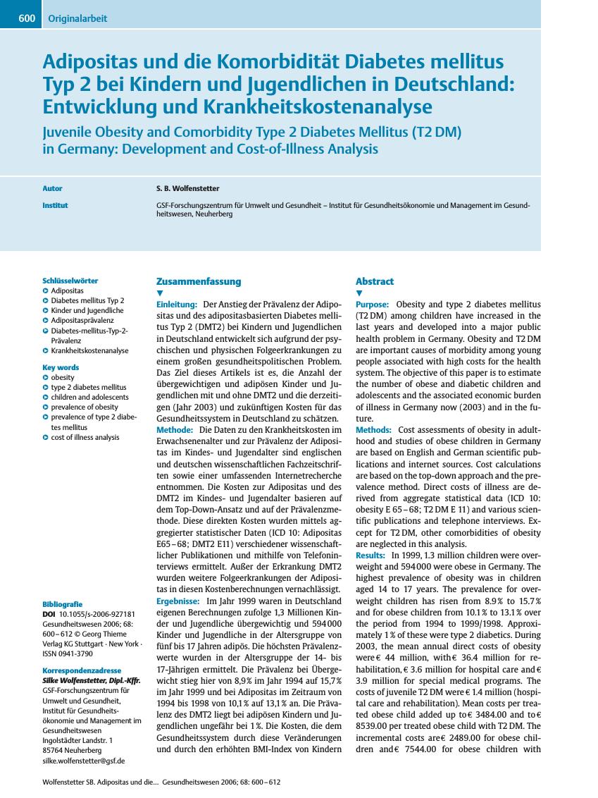 Vorschauseite 1: Adipositas und die Komorbidität Diabetes mellitus Typ 2 bei Kindern und Jugendlichen in Deutschland: Entwicklung und Krankheitskostenanalyse
