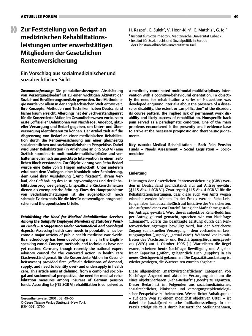 Vorschauseite 1: Zur Feststellung von Bedarf an medizinischen Rehabilitationsleistungen unter erwerbstätigen Mitgliedern der Gesetzlichen Rentenversicherung