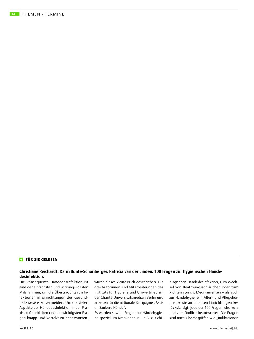Vorschauseite 1: Für Sie gelesen: Christiane Reichardt, Karin Bunte-Schönberger, Patricia van der Linden: 100 Fragen zur hygienischen Händedesinfektion.
