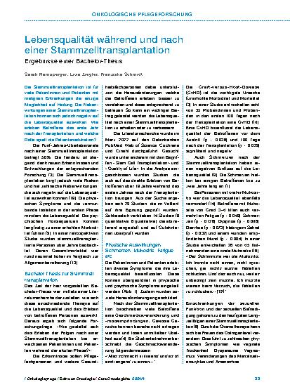 Vorschauseite 1: Lebensqualität während und nach einer Stammzelltransplantation: Ergebnisse einer Bachelor-Thesis