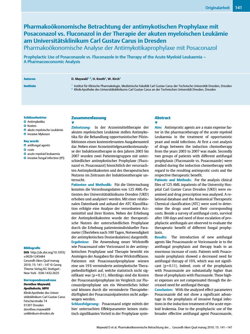 Vorschauseite 1: Pharmakoökonomische Betrachtung der antimykotischen Prophylaxe mit Posaconazol vs. Fluconazol in der Therapie der akuten myeloischen Leukämie am Universitätsklinikum Carl Gustav C…