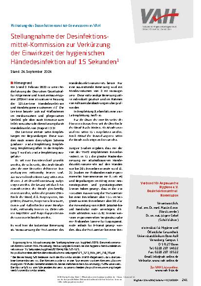 Vorschauseite 1: Stellungnahme der Desinfektionsmittel-Kommission zur Verkürzung der Einwirkzeit der hygienischen Händedesinfektion auf 15 Sekunden.