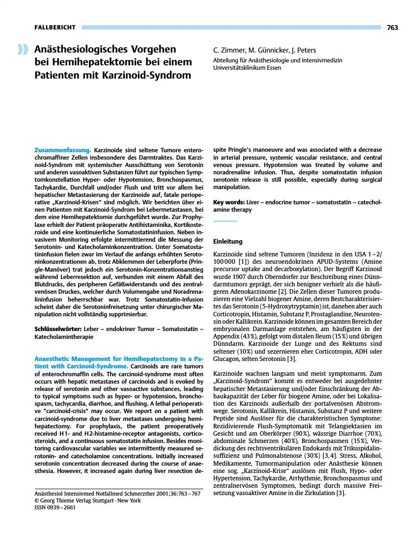 Vorschauseite 1: Anästhesiologisches Vorgehen bei Hemihepatektomie bei einem Patienten mit Karzinoid-Syndrom