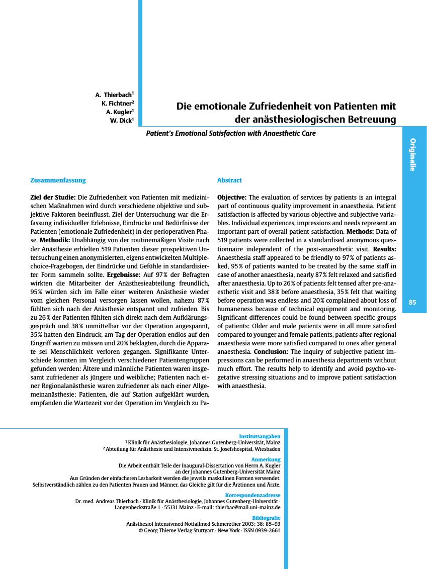 Vorschauseite 1: Die emotionale Zufriedenheit von Patienten mit der anästhesiologischen Betreuung