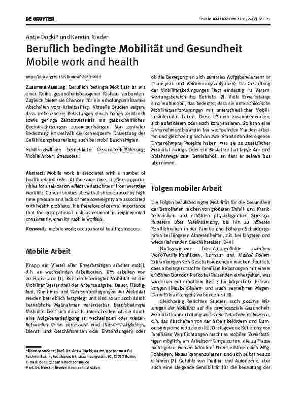 Vorschauseite 1: Beruflich bedingte Mobilität und Gesundheit: Mobile work and health