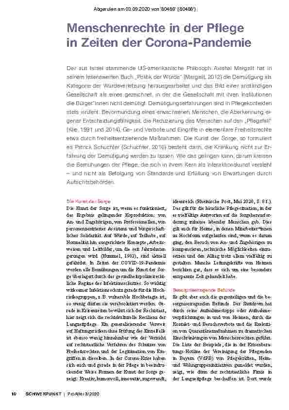 Vorschauseite 1: Menschenrechte in der Pflege in Zeiten der Corona-Pandemie