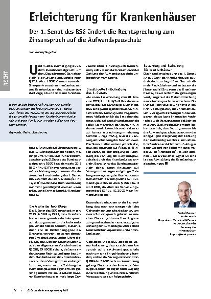 Vorschauseite 1: Erleichterung für Krankenhäuser Der 1. Senat des BSG ändert die Rechtsprechung zum Zinsanspruch auf die Aufwandspauschale