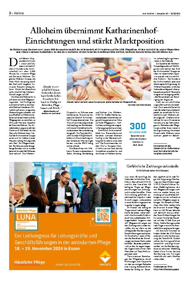 Vorschauseite 1: Alloheim übernimmt Katharinenhof-Einrichtungen und stärkt Marktposition.