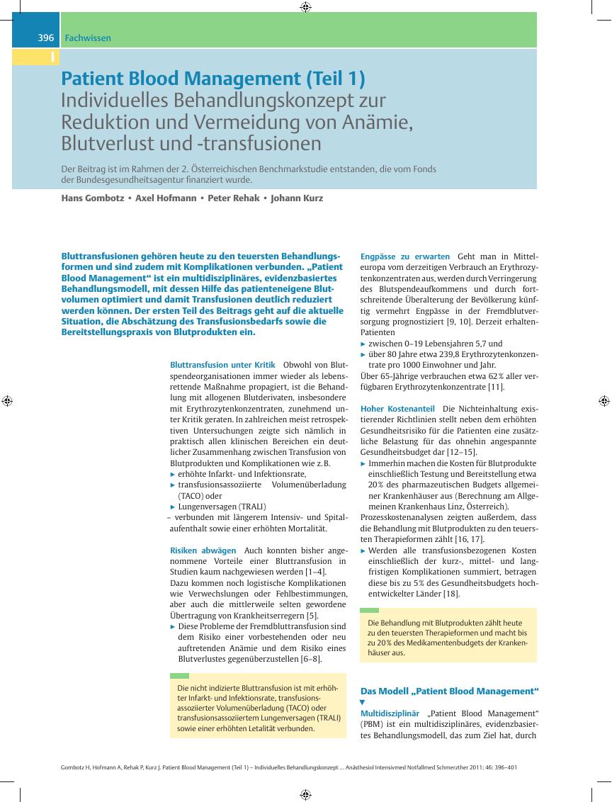 Vorschauseite 1: Patient Blood Management (Teil 1) – Individuelles Behandlungskonzept zur Reduktion und Vermeidung von Anämie, Blutverlust und -transfusionen