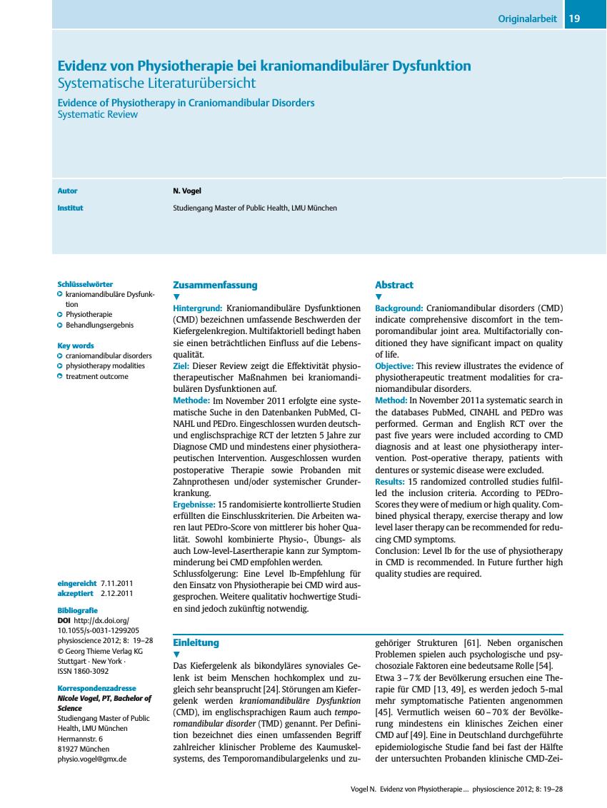 Vorschauseite 1: Evidenz von Physiotherapie bei kraniomandibulärer Dysfunktion