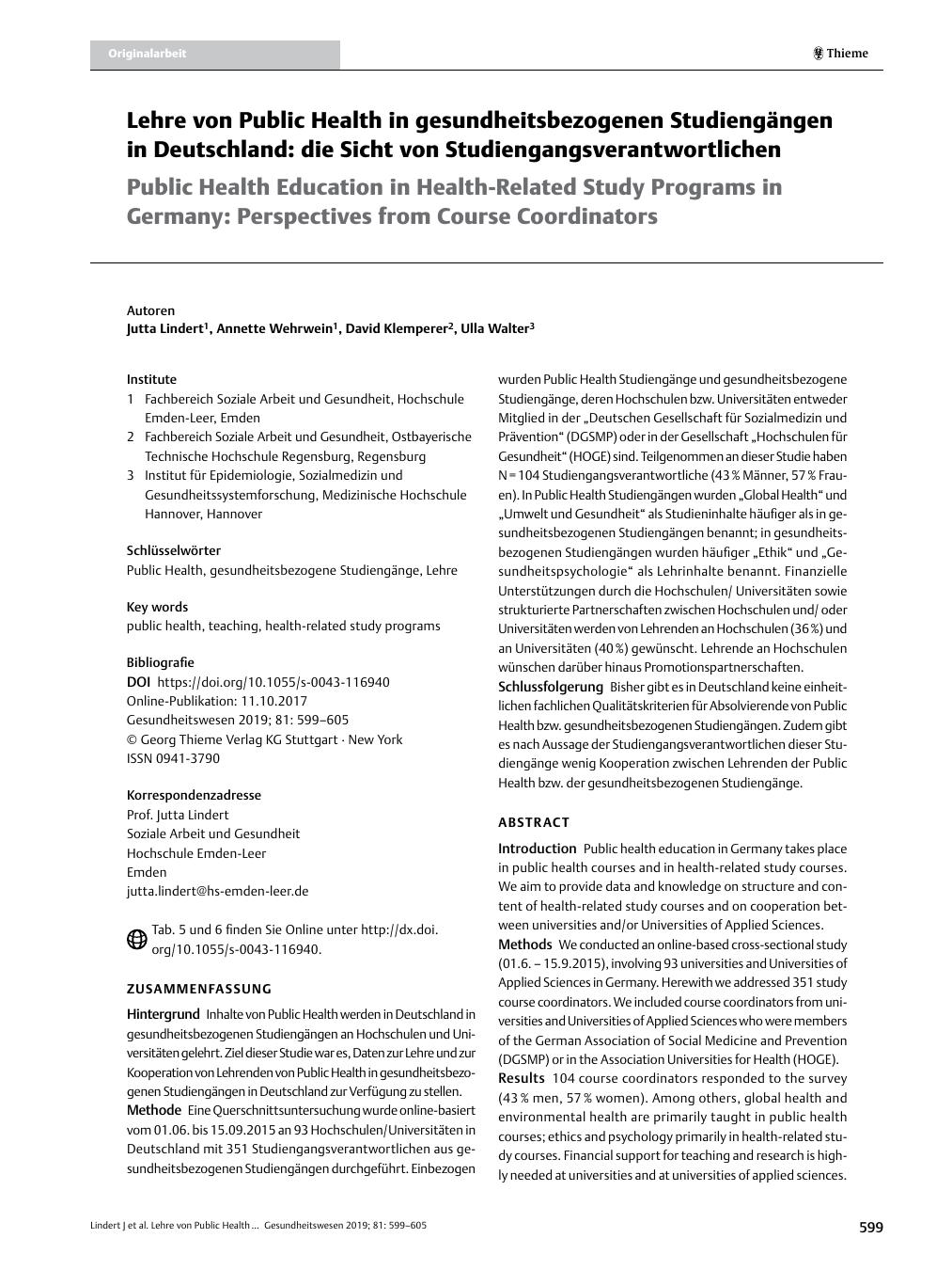 Vorschauseite 1: Lehre von Public Health in gesundheitsbezogenen Studiengängen in Deutschland: die Sicht von Studiengangsverantwortlichen