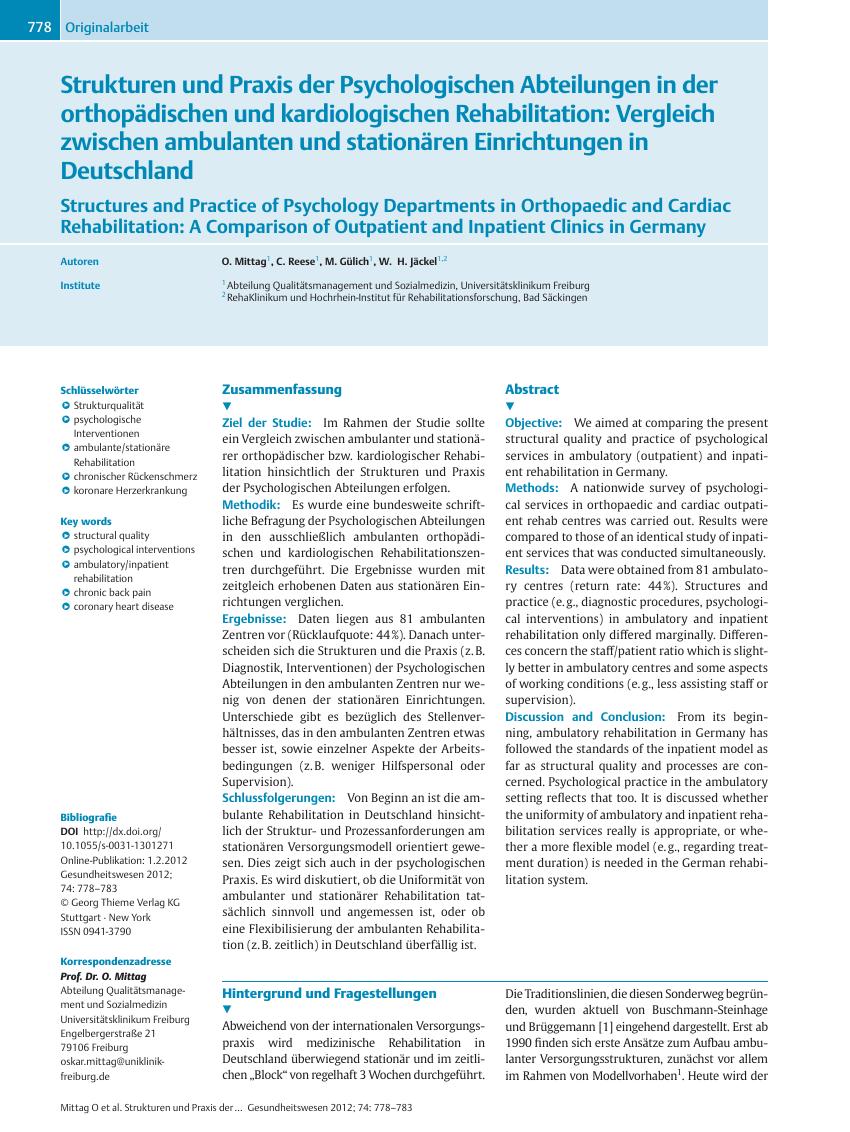 Vorschauseite 1: Strukturen und Praxis der Psychologischen Abteilungen in der orthopädischen und kardiologischen Rehabilitation: Vergleich zwischen ambulanten und stationären Einrichtungen in Deut…