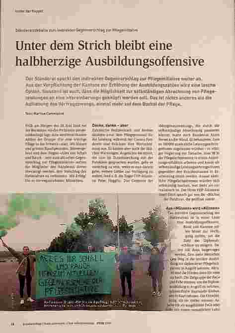 Vorschauseite 1: Ständeratsdebatte zum indirekten Gegenvorschlag zur Pflegeinitiative: Unter dem Strich bleibt eine halbherzige Ausbildungsoffensive.