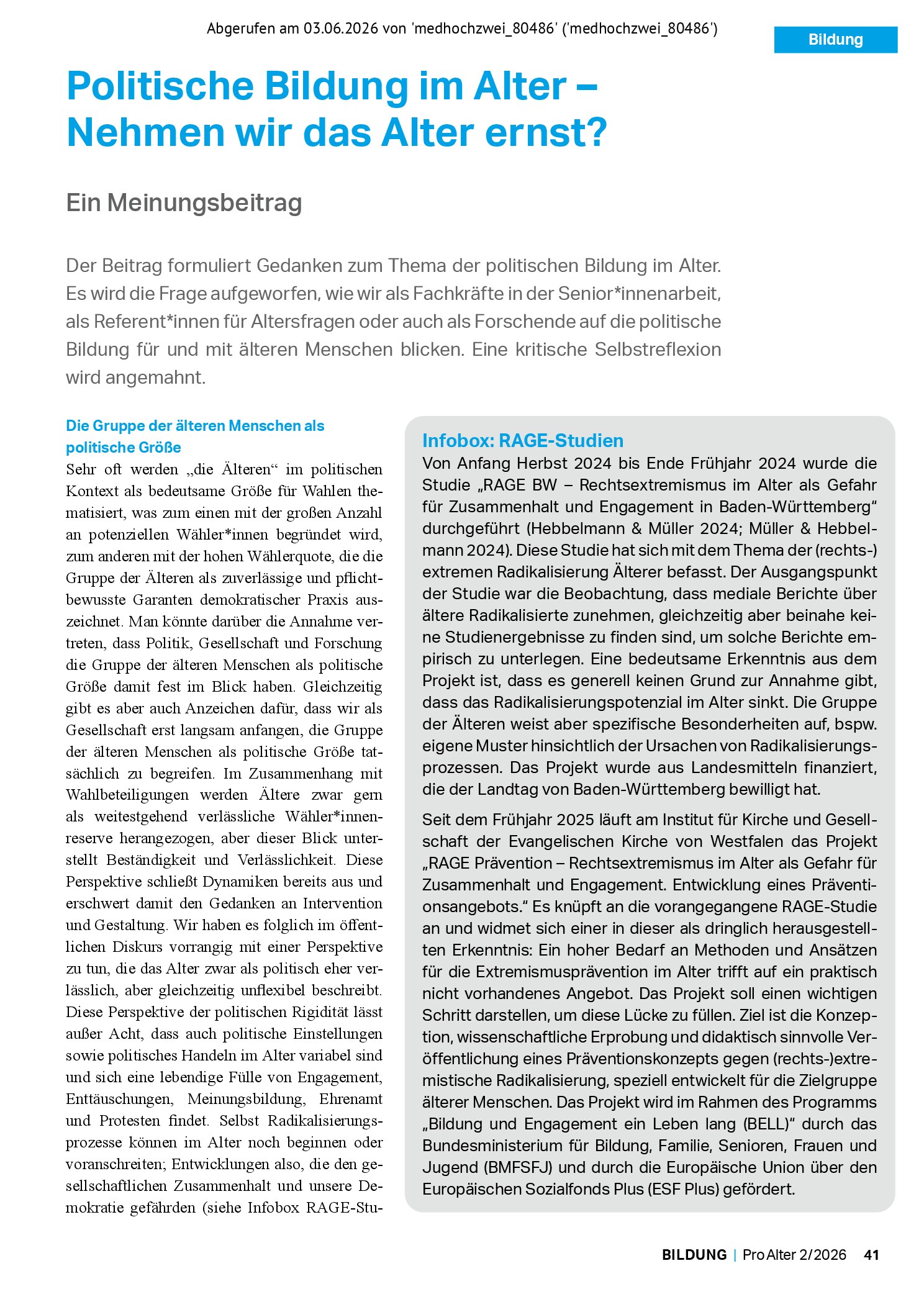 Vorschauseite 1: Politische Bildung im Alter – Nehmen wir das Alter ernst? Ein Meinungsbeitrag