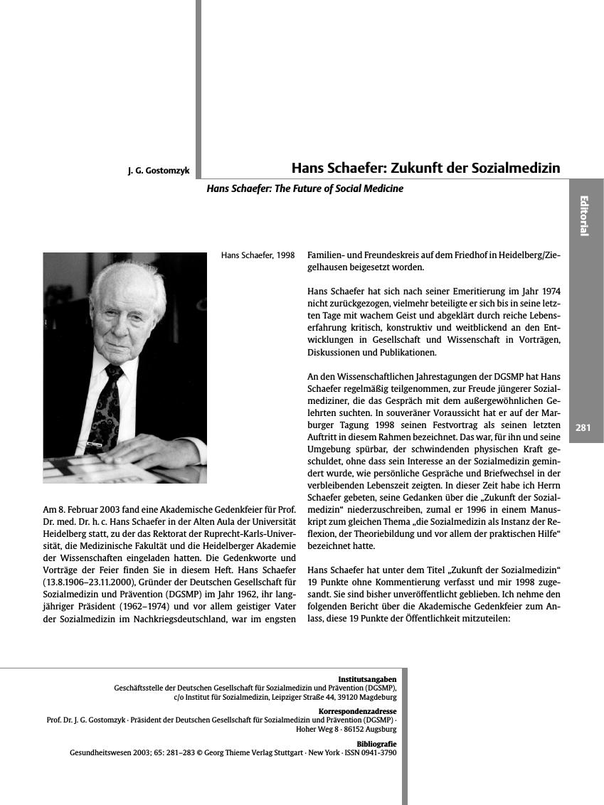 Vorschauseite 1: Hans Schaefer: Zukunft der Sozialmedizin