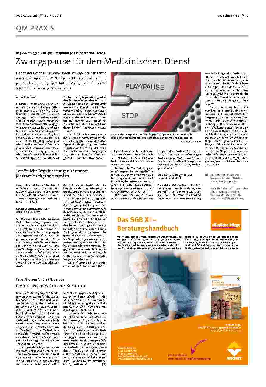 Vorschauseite 1: Begutachtungen und Qualitätsprüfungen in Zeiten von Corona: Zwangspause für den Medizinischen Dienst
