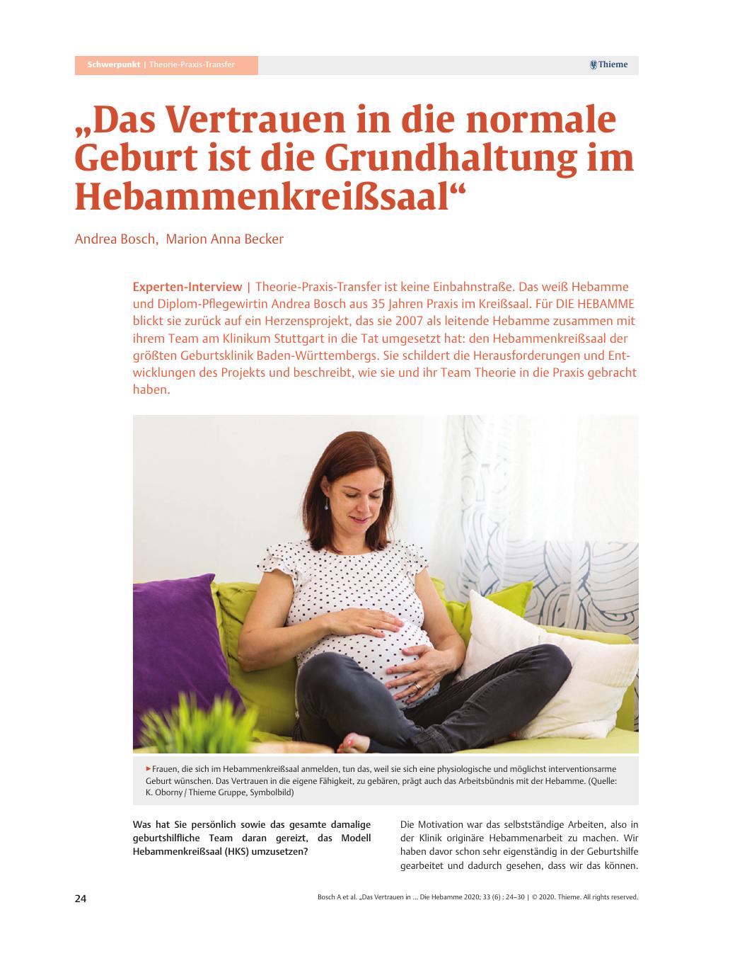 Vorschauseite 1: „Das Vertrauen in die normale Geburt ist die Grundhaltung im Hebammenkreißsaal.“