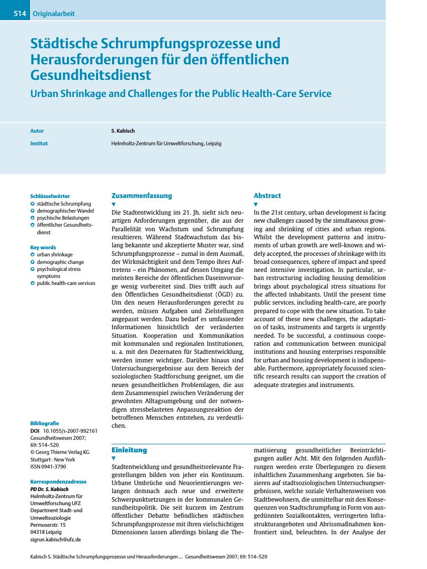 Vorschauseite 1: Städtische Schrumpfungsprozesse und Herausforderungen für den öffentlichen Gesundheitsdienst