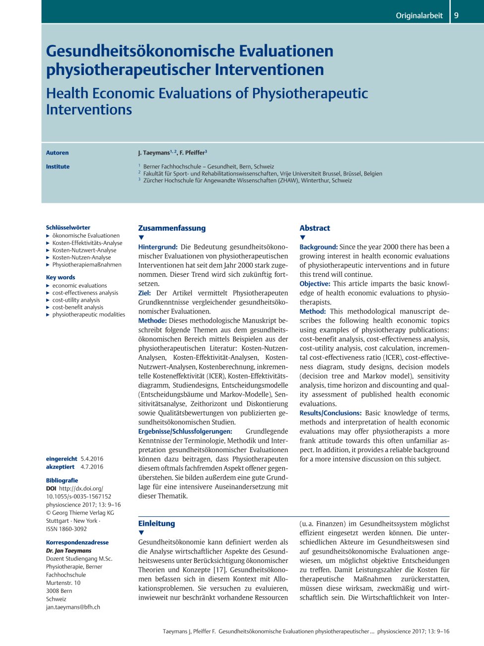 Vorschauseite 1: Gesundheitsökonomische Evaluationen physiotherapeutischer Interventionen