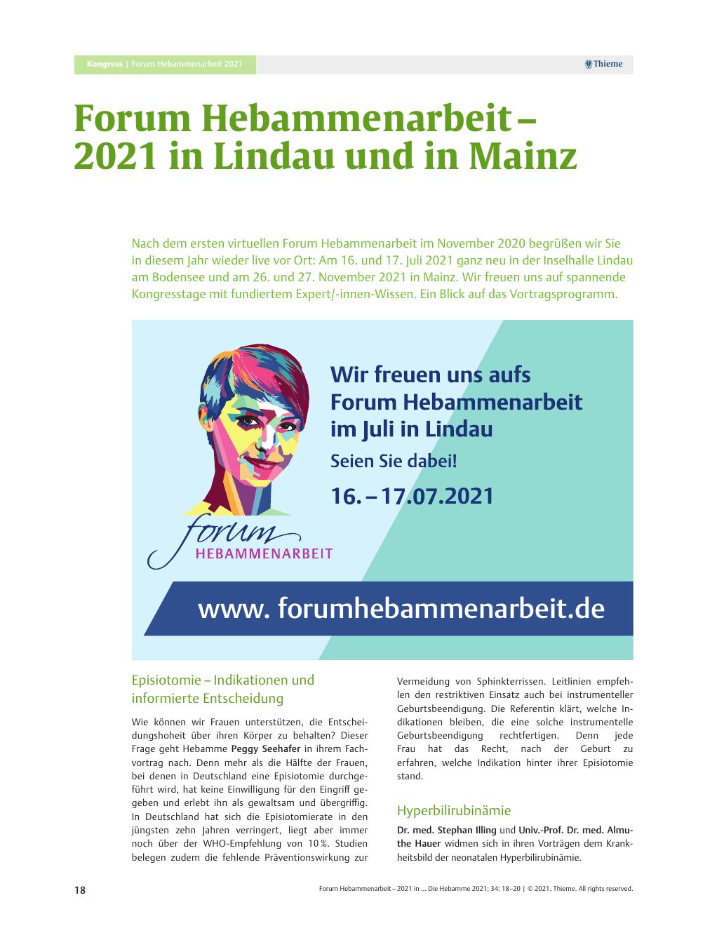 Vorschauseite 1: Forum Hebammenarbeit – 2021 in Lindau und in Mainz