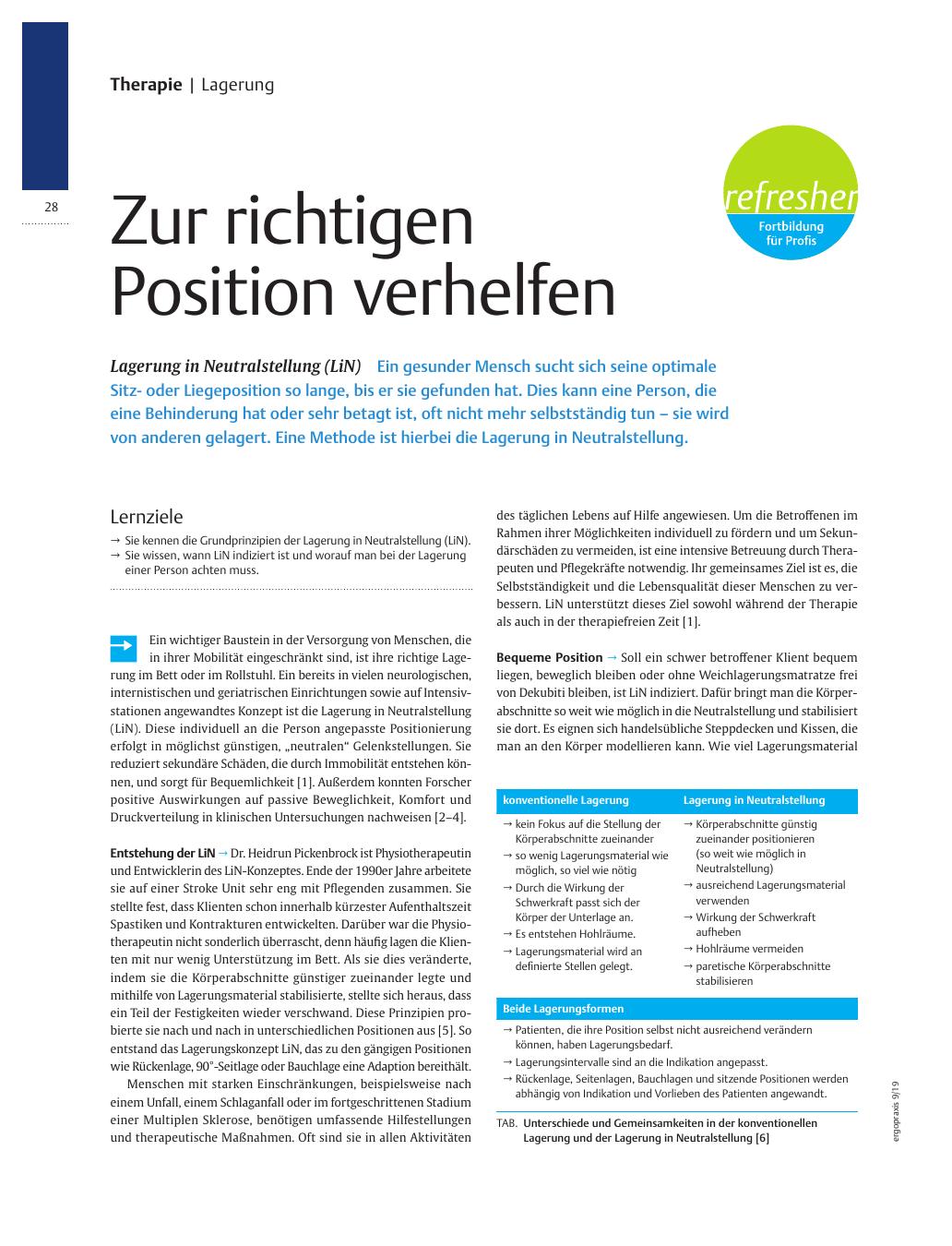 Vorschauseite 1: Zur richtigen Position verhelfen? Lagerung in Neutralstellung (LiN)