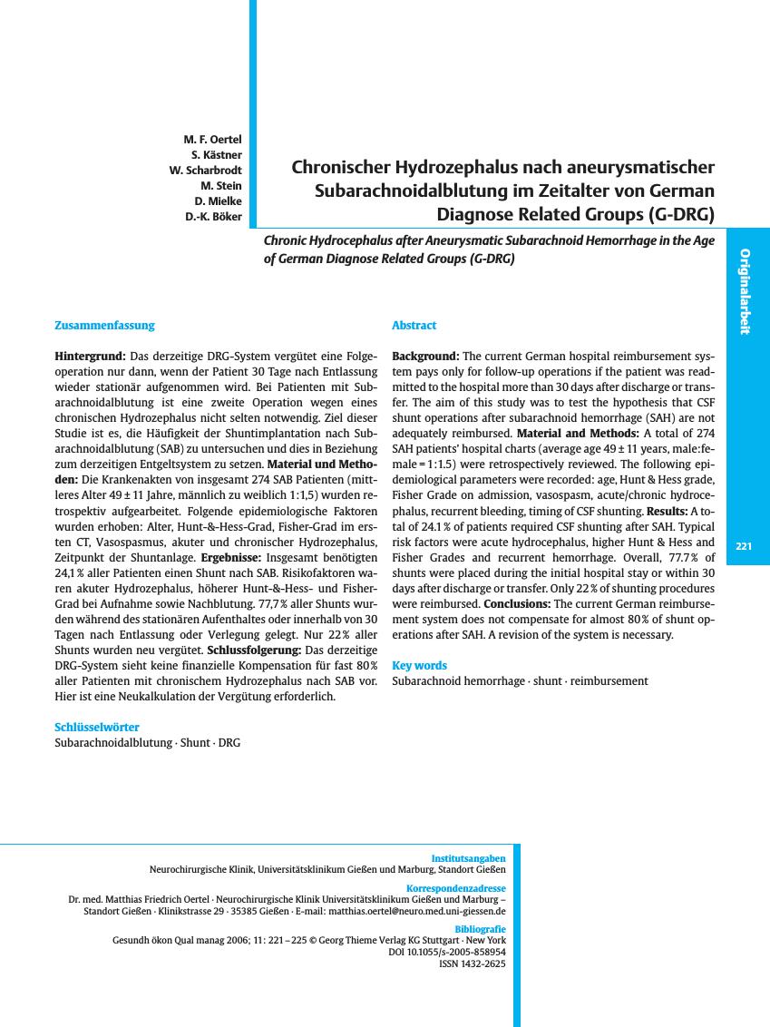 Vorschauseite 1: Chronischer Hydrozephalus nach aneurysmatischer Subarachnoidalblutung im Zeitalter von German Diagnose Related Groups (G-DRG)