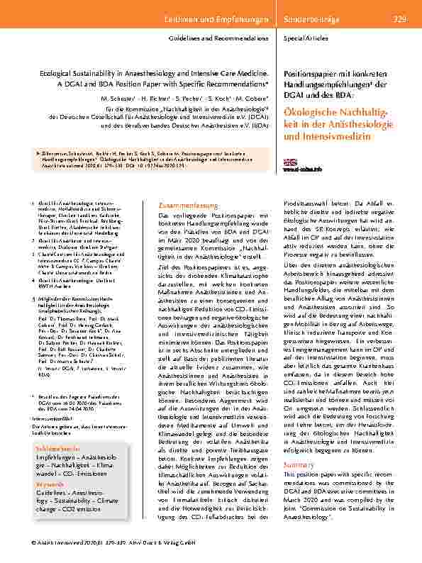 Vorschauseite 1: Positionspapier mit konkreten Handlungsempfehlungen* der DGAI und des BDA: Ökologische Nachhaltigkeit in der Anästhesiologie und Intensivmedizin