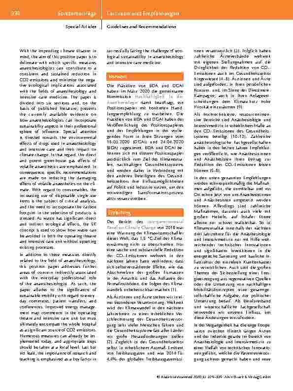 Vorschauseite 2: Positionspapier mit konkreten Handlungsempfehlungen* der DGAI und des BDA: Ökologische Nachhaltigkeit in der Anästhesiologie und Intensivmedizin
