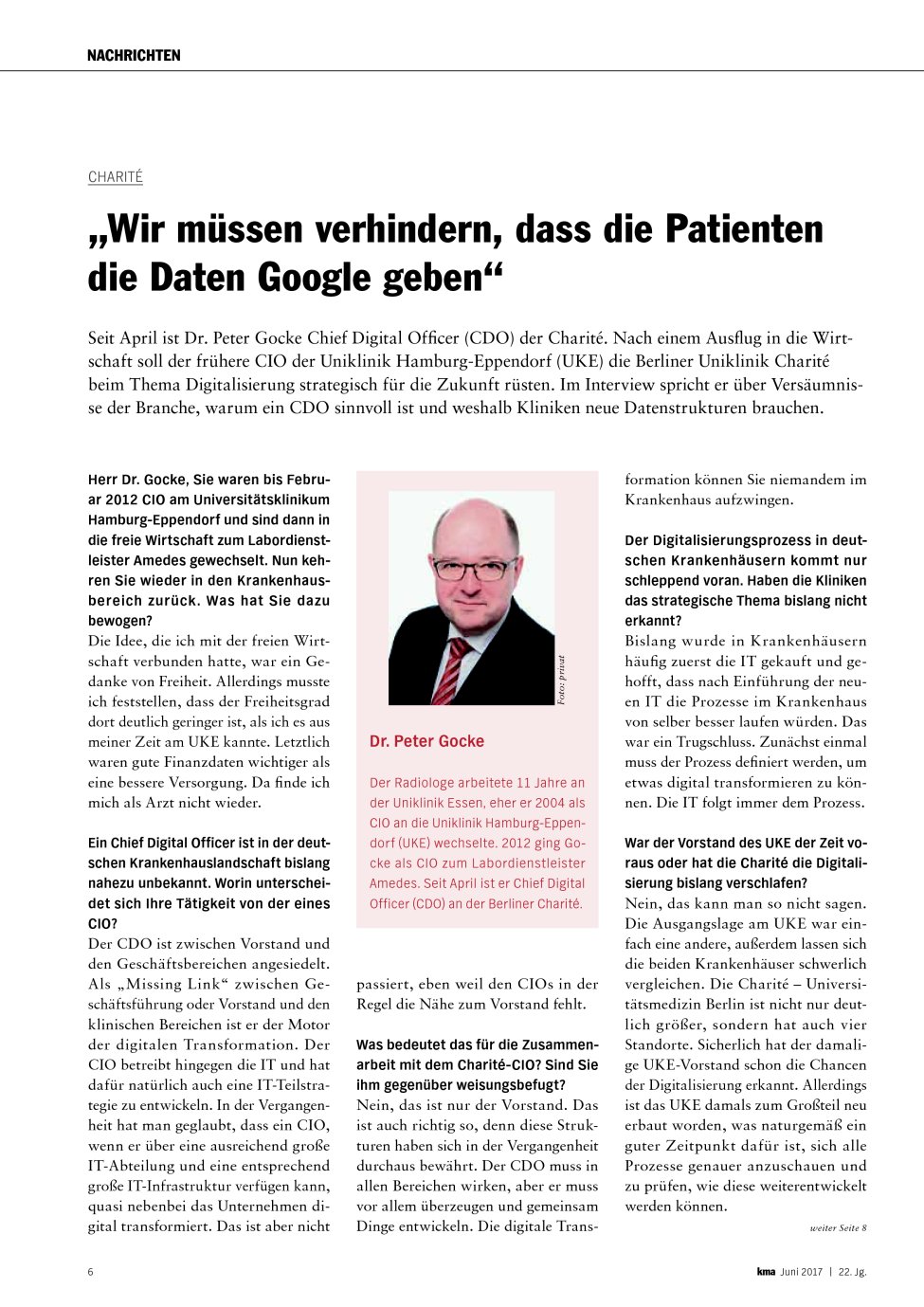 Vorschauseite 1: Charité: ?Wir müssen verhindern, dass die Patienten die Daten Google geben?