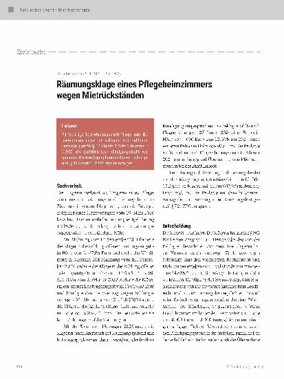 Vorschauseite 1: Räumungsklage eines Pflegeheimzimmers wegen Mietrückständen