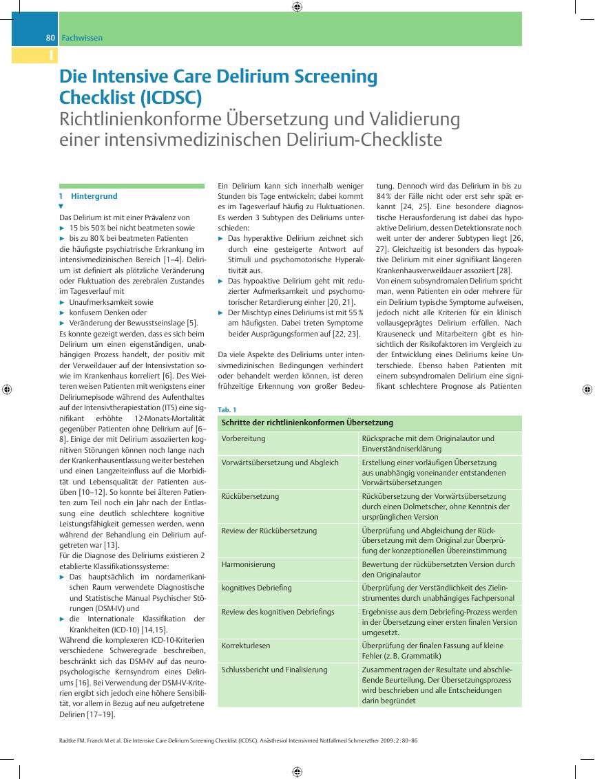 Vorschauseite 1: Die Intensive Care Delirium Screening Checklist (ICDSC) – Richtlinienkonforme Übersetzung und Validierung einer intensivmedizinischen Delirium – Checkliste