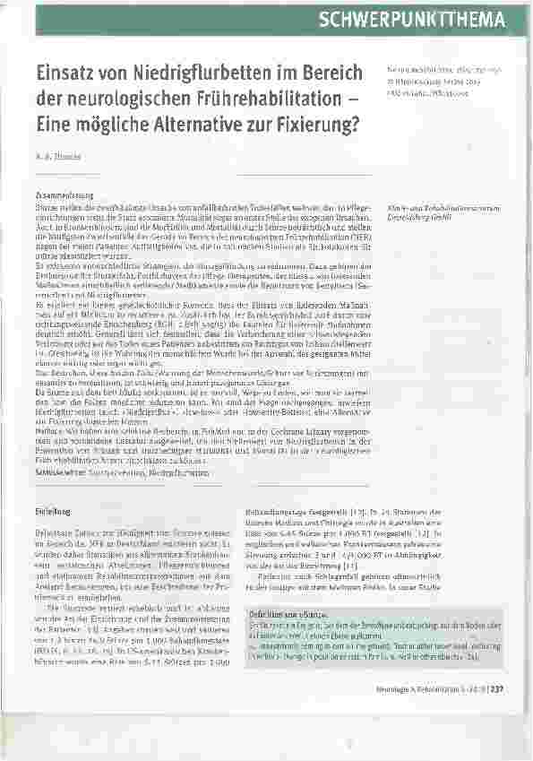 Vorschauseite 1: Einsatz von Niedrigflurbetten im Bereich der neurologischen Frührehabilitation - Eine mögliche Alternative zur Fixierung?