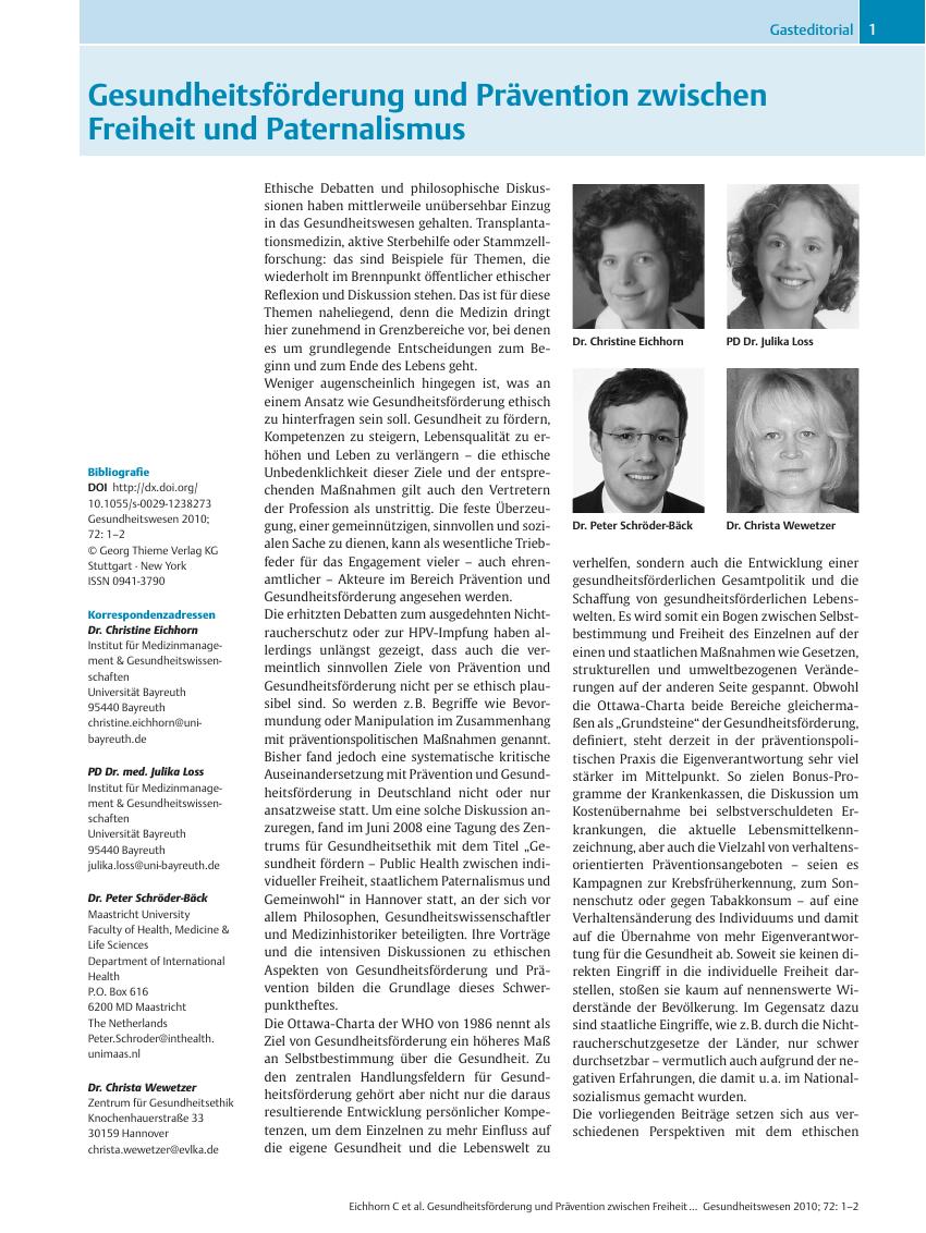 Vorschauseite 1: Gesundheitsförderung und Prävention zwischen Freiheit und Paternalismus