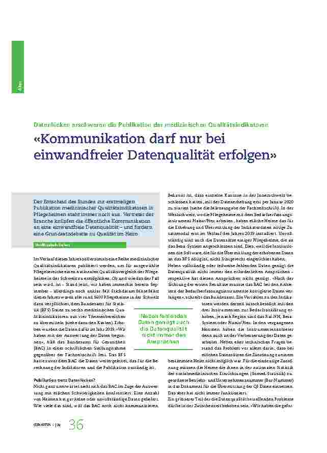 Vorschauseite 1: Datenlücken erschweren die Publikation der medizinischen Qualitätsindikatoren. "Kommunikation darf nur bei einwandfreier Datenqualität erfolgen."