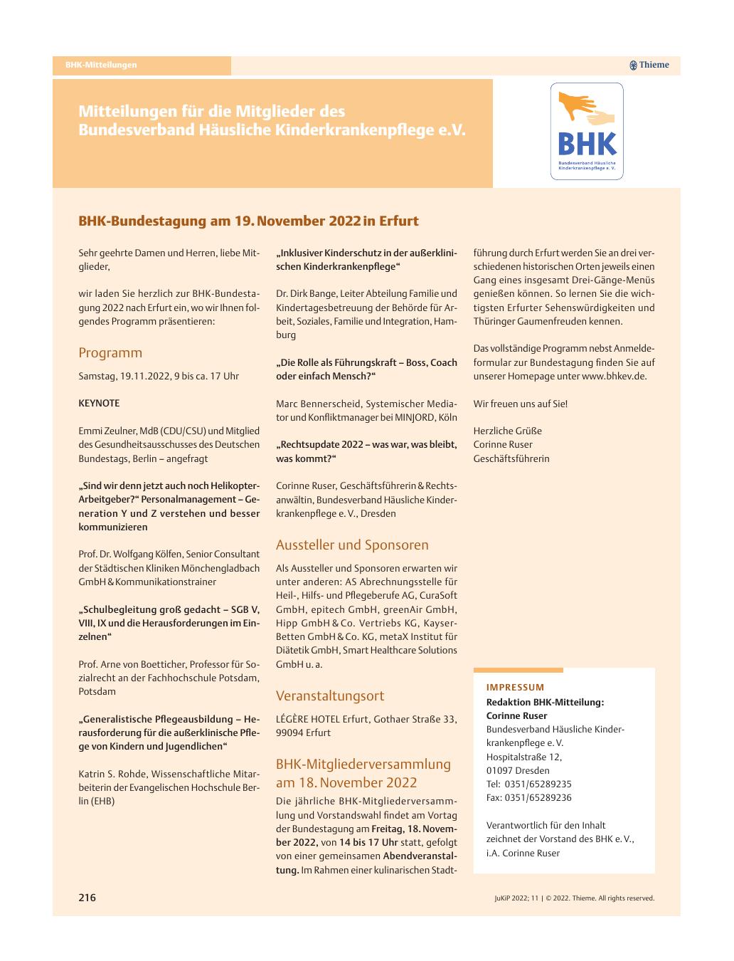 Vorschauseite 1: BHK-Bundestagung am 19. November 2022 in Erfurt