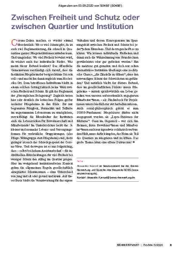 Vorschauseite 2: Zwischen Freiheit und Schutz oder zwischen Quartier und Institution