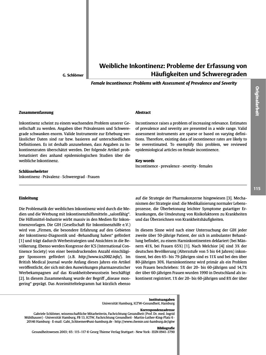 Vorschauseite 1: Weibliche Inkontinenz: Probleme der Erfassung von Häufigkeiten und Schweregraden